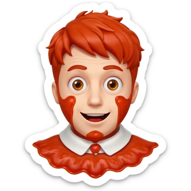 funny theater actor portrait, head and shoulders only, covered in tomato sauce, shocked wide eyes, awkward smile, stage costume collar, 3D cartoon, mobile game icon style, clean background, no text, no watermark
 sticker