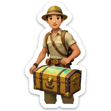 Icon for Adventure Movie: A vibrant, cinematic poster-style design featuring an action-packed scene. Include an adventurer with a map, a treasure chest, a jungle background, a towering mountain, and ancient ruins. Bright colors, bold typography, and an exciting atmosphere. Transparent background. sticker