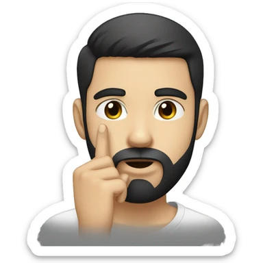 a young man with short black hair beard, who puts his finger in front of his mouth to make a sign of silence, with white skin sticker