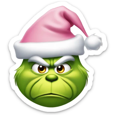grinch face with a frown wearing a light pink santa hat sticker
