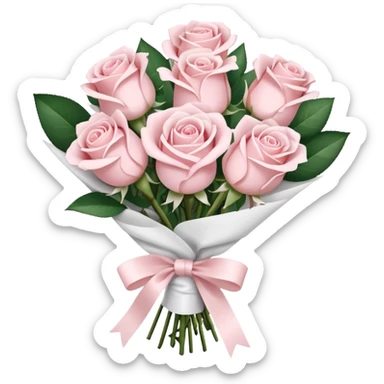 A bouquet of pale pink roses wrapped in white paper sticker