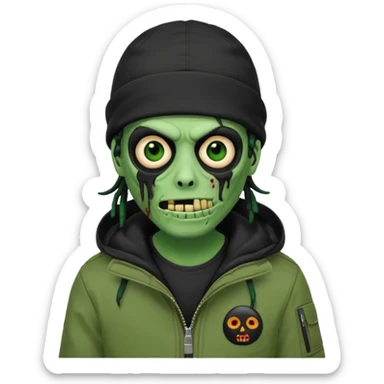 a zombie emoji with black dreads and a black carheartt jacket and black nike ski mask on his head sticker
