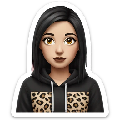 Hyperrealistic white girl with long black hair with a pink fringe and has eye makeup on, she is wearing a black and leopard print hoodie  sticker