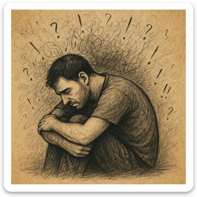 Realistic or illustrative style image of a 30-year-old man suffering from anxiety, inspired by the reference image. The man is in a curled posture with a downcast gaze. The background contains lines and symbols of mental confusion, conveying an atmosphere of discomfort. sticker