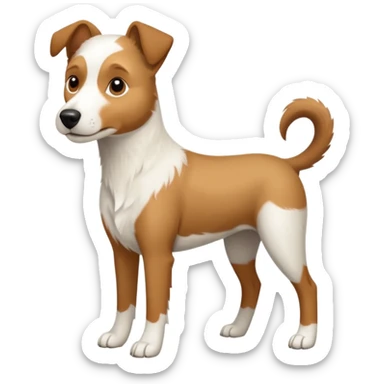 a full body large white parson russell looking dog the size of a kelpie with light brown flapped down ears and a light brown patch on one eye and a large snout sticker