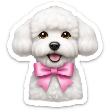 A bichon frise wearing a pink bow sticker