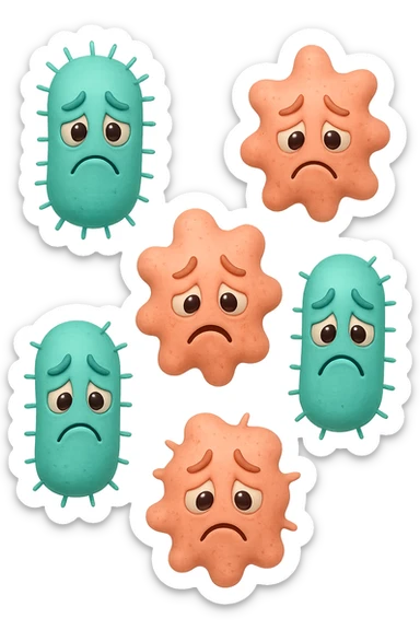 EMOJI STILE IPHONE DI 3 BATTERI INTESTINALI turchesi tristi e 3 batteri intestinali rosa salmone tristi CHE FLUTTUANO IN ARIA IPERREALISTICO 4K sticker