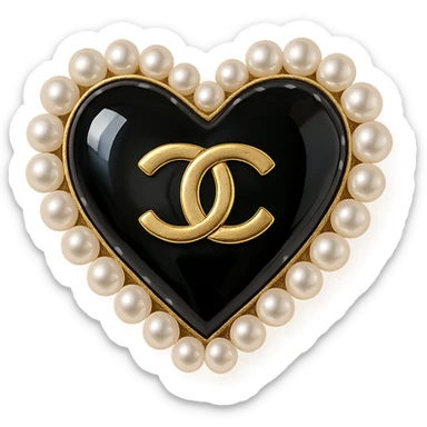  only the elegant heart with pearls and gold Chanel logo, glossy, pastel colors, realistic style, with no background. black pink,  sticker