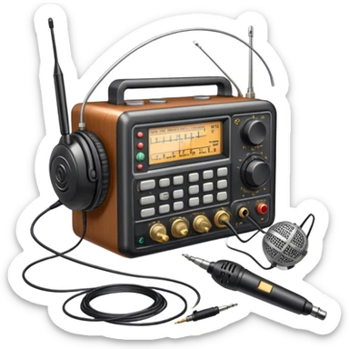 A photorealistic icon featuring a ham radio transceiver, headphones, microphone, antenna, and radio equipment like soldering tools and cables. The design includes detailed textures and realistic lighting, symbolizing the passion for amateur radio and communication. Transparent background. sticker