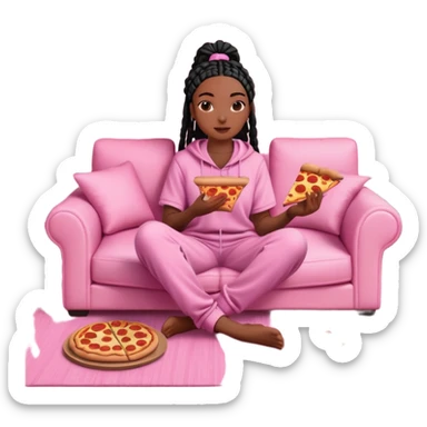 A dark-brown-skinned Black woman with black box braids, sitting on a pink couch, holding an open pizza box.She’s wearing comfy loungewear, looking relaxed and enjoying her food. sticker