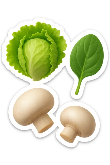 emoji stile iphone 3d di lattuga, spinaci, funghi che fluttuano in aria, iperealistico 4k sticker