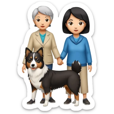 a 60-year-old asian woman with short black hair standing with a border collie sticker