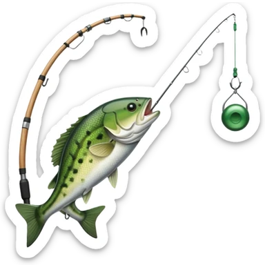 fishing pole with bass fish on the fish hook sticker