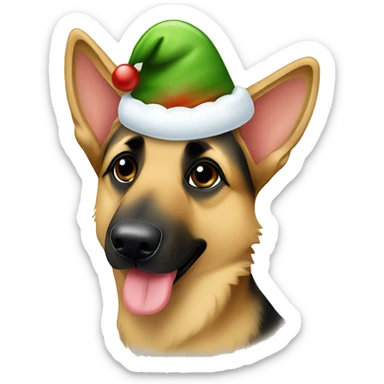 German shepherd dog with white around his nose holding a mistletoe and wearing a Christmas hat sticker