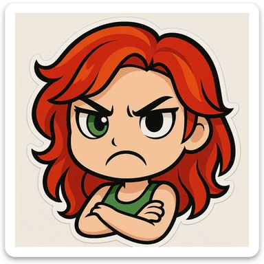 Edit the girl's face to have an angry, frowning expression, keeping the original cartoon style and quality consistent with chibi stickers style. sticker
