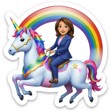 Kamala Harris and donald trump riding a rainbow unicorn sticker