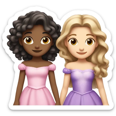 two princesses hugging, one with light brown hair that’s long and straight and light skin and the other with black curly wavy hair with olive skin one in pink and the other princess in pink and purple sticker
