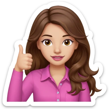 girl with long wavy brown hair, brown eyes, light to medium complexion, in a pink shirt, pink lips, long lashes, thumbs up sticker