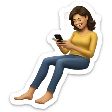 Brunette mom giggling and kicking her feet while laying on her bed looking at her phone sticker