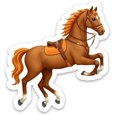 Hermès-style horse jumping with orange and gold harness, luxury, cute emoji style sticker