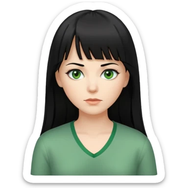A white woman with Long straight hair with bangs, black hair, green eyes and a low-cut shirt sticker