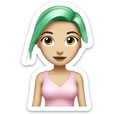 white girl with very long black hair and green eyes and light pink outfit holding a ton of shopping bags sticker