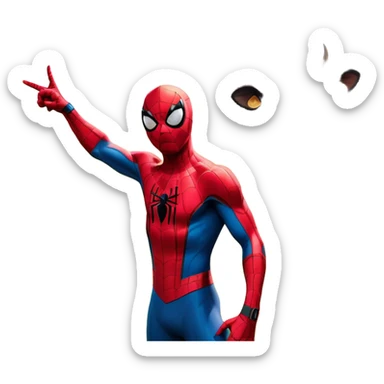 "A highly detailed and realistic Spider-Man standing in a rural farm setting with cows in the background. He has an exaggerated, cartoonishly wide grin, showing big white teeth, and is making a playful gesture by pointing to his head. The scene is bright and colorful, with a mix of realism and surreal humor, giving the image a funny and slightly eerie vibe sticker