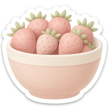 Make the colors of the elegant pastel pink bowl overflowing with strawberries softer and less saturated, avoid high contrast, keep the style as emoji, with no background. The style should resemble emoji style with soft pastel colors and no background. sticker