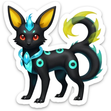 Shiny Fiery Ethereal Eldritch Cool Edgy Badass Punky Aural Iridescent Fluorescent Bioluminescent Umbreon-Amaura-Salandit-Litten-Flareon-Fakémon-fusion (full body)  sticker