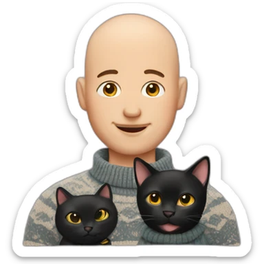 Bald man with funky sweater holding a black cat sticker