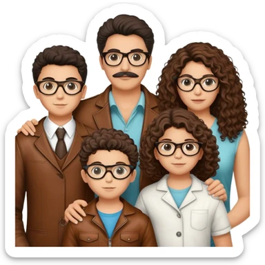 imagen de familia de cuatro personas, mujer pelo rizado castaño y gafas, hombre pelo marron de punta y fuerte, niño de 7 años pelo revuelto y castaño claro y niño de 10 años pelo marron oscuro sticker