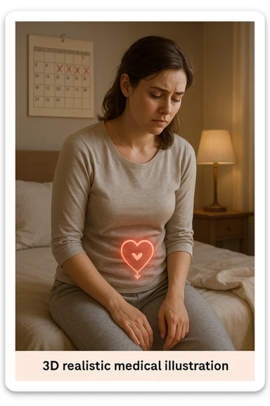 3D realistic medical illustration: a young woman in her 20s or 30s sits on the edge of a bed in a softly lit bedroom, looking thoughtful and slightly concerned. She wears comfortable loungewear, her posture is slouched, and her expression is subdued. Subtle visual cues—such as a faded calendar with missed menstrual cycles and a dimmed heart or energy icon near her abdomen—symbolize low libido and amenorrhea. The scene is realistic, intimate, and empathetic. sticker