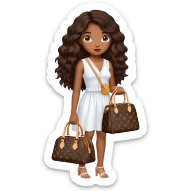 Brown girl with dark brown medium beach wavy hair carrying one Louis Vuitton purse on her arm while standing  sticker