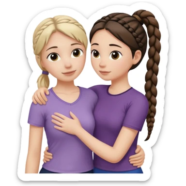 Comforting Hug two white skin women, one shorter woman with medium brown simple top ponytail, not braided, and one taller woman with a single long black side braid sticker