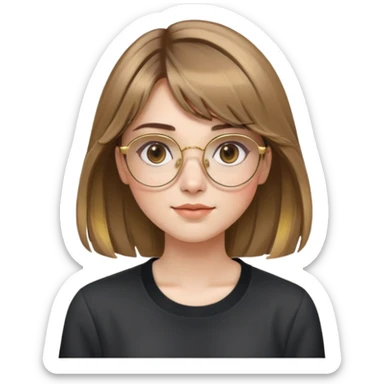 young adult woman with fair skin, round face with soft cheeks, light brown hair with golden highlights, voluminous and straight with slight waves, long bangs over eyebrows, large octagonal gold metal frame glasses, dark casual shirt, friendly and creative expression sticker