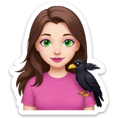 mid sized white skinned girl with green eyes and long brown hair with a crow on her shoulder smiling maniacally in a pink t-shirt with pink lips sticker