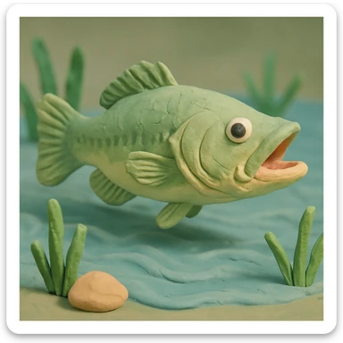 largemouth bass swimming in a pond, visible fingerprints, pastel colors, claymation style sticker