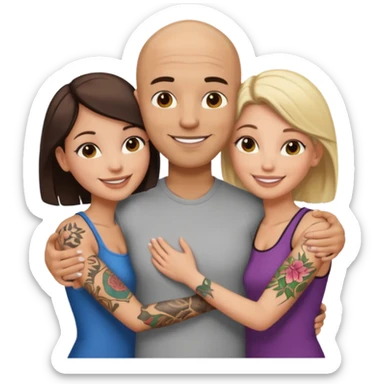 throuple tattooed bbald male with topless naked big boobed brunette and topless naked big boobed blonde girlfriends  loving  naked thruple sticker
