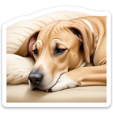 Meme-Worthy Cute Sleeping Fawn Great Dane Portrait Emoji, Head resting peacefully with a contented smile, showcasing a delightfully solid build and a luxuriously soft fawn Fur, eyes shut in a serene nap, Simplified yet hilariously adorable features, highly detailed, glowing with a soft, drowsy light, high shine, relaxed and utterly lovable, stylized with an air of playful laziness, bright and heartwarming, soft glowing outline, capturing the essence of a comically sleepy guardian, so meme-worthy it feels like it could instantly become the next viral sensation of adorable slumber! sticker