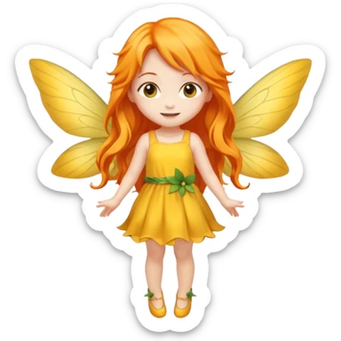 fairy with long orange hair, yellow wings, yellow dress, happy, chibi full body sticker