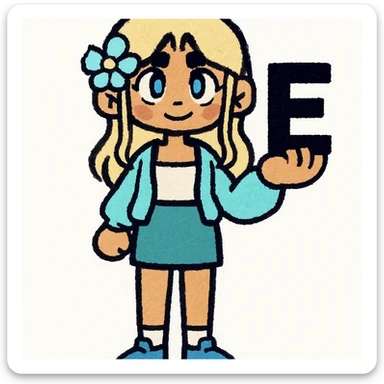 Add a bold black letter E in the character's right hand, keeping the original style and pose intact. Only add the letter, do not change anything else. sticker