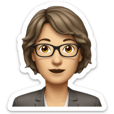 middle-aged accounting woman with middle-lenght brown hairs, a bang and glasses sticker