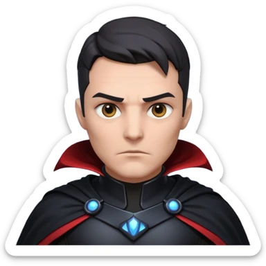 dark sci-fi villain portrait, head and shoulders only, black armor, cape collar, intense eyes, dramatic lighting, 3D cartoon, mobile game icon, clean background, no text
 sticker