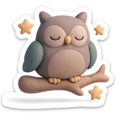 sleepy owl on a tree branch with stars, muted night palette, soft pastel colors, transparent background, cushion style sticker
