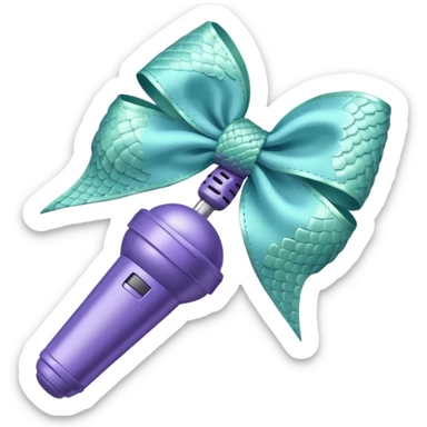 A pastel blue bow with a pastel a pastel green snake at the top of one side and a pastel purple microphone on the bottom of the other side of the bow sticker