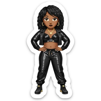 Missy Elliott with black hair, black sequin bra, black sequin baggy pants sticker