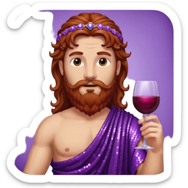 Liber, God of Wine from Roman Deities with long reddish brown wavy hair and beard, purple sequin toga  sticker