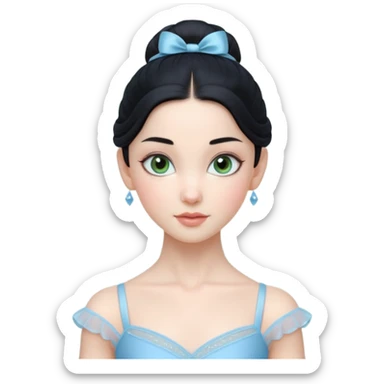 Cinematic Realistic ballerina Medium Blue Portrait, depicted with lifelike skin texture, subtle rosy undertones, and soft natural lighting that enhances the gentle contours of her face. Her intricately detailed sweet black hair is elegantly styled, green eyes sticker