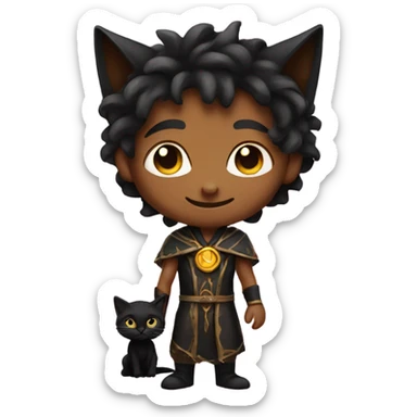 A sun warlock who has tan skin and is holding a black kitten sticker