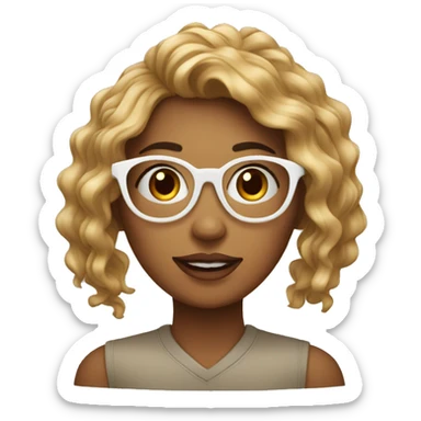 Mujer adolescente con cabello café rizado y lentes sticker